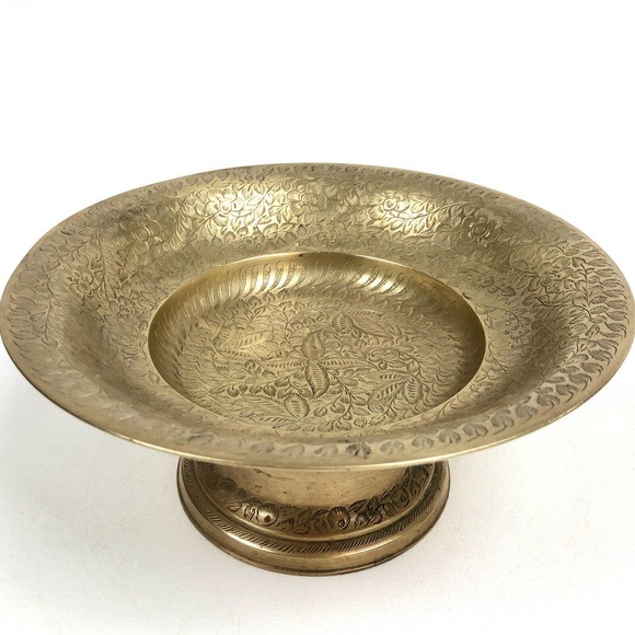 Vintage Other - Vintage Brass Pedestal Bowl Engraved Bohemian 8"